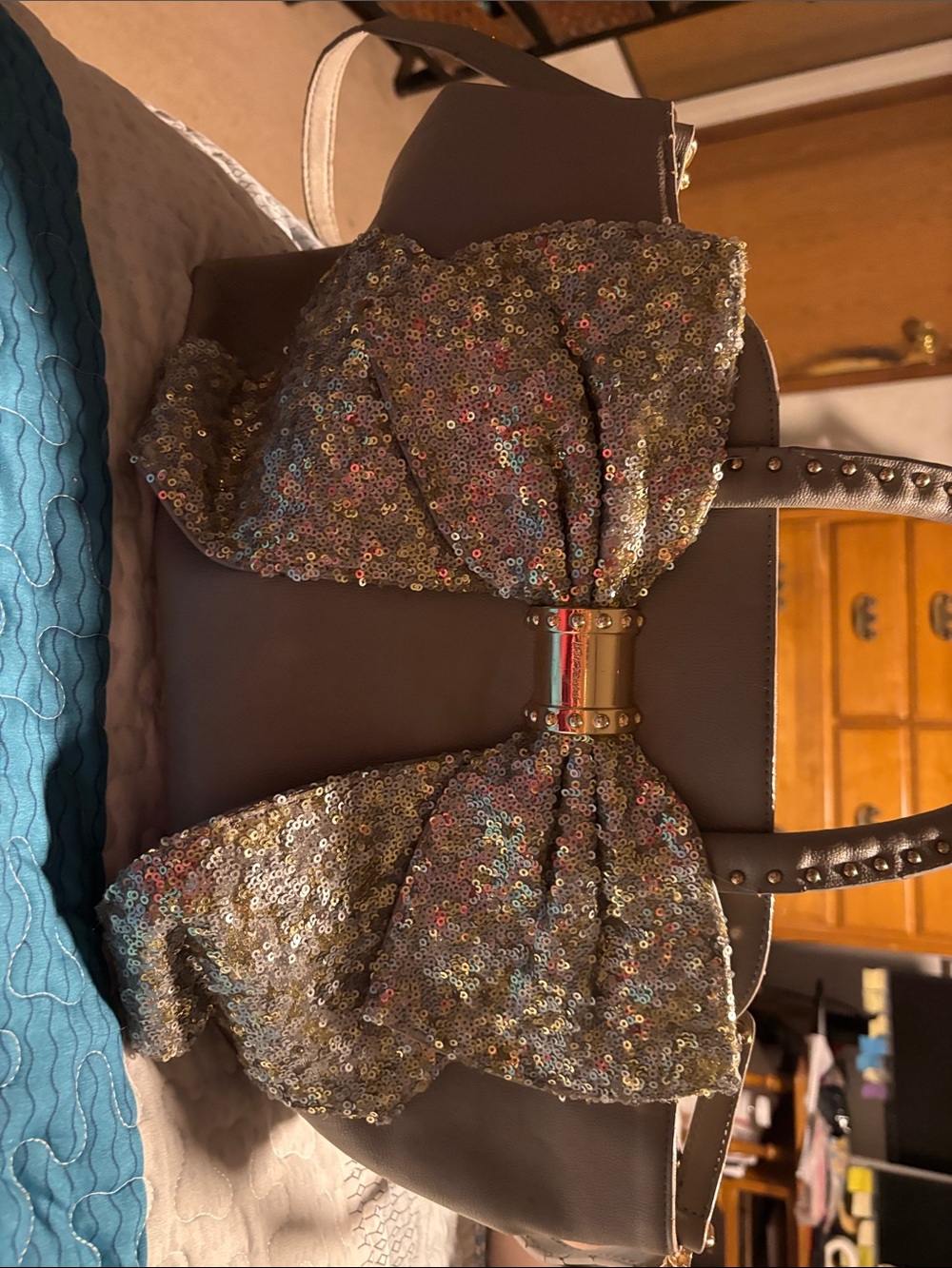 Rare Betsey Johnson Taupe Handbag with Iridescent Sequin Bow